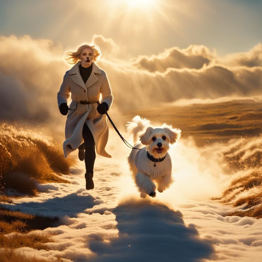 Woman and Dog in Epic Cinematic Sunlight