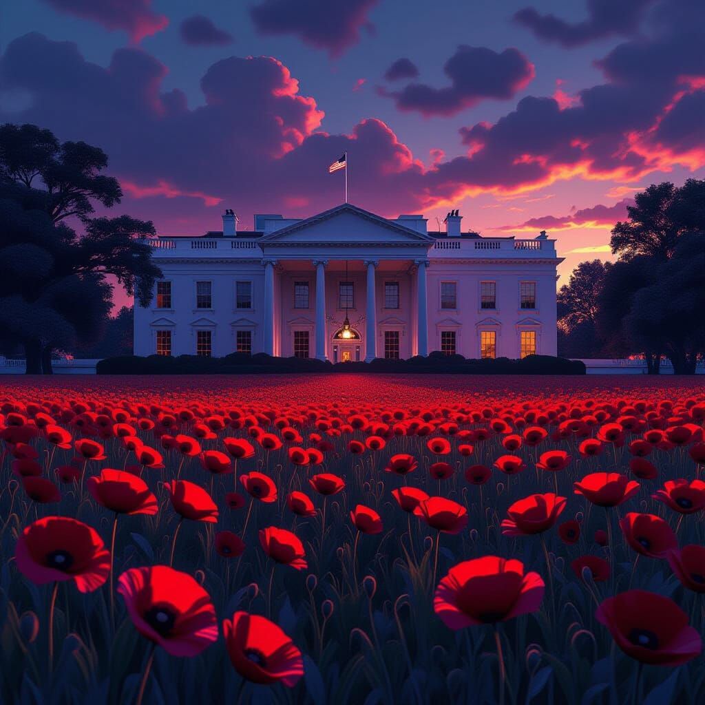 Poppies Before White House in Dark Fantasy Concept Art Style
