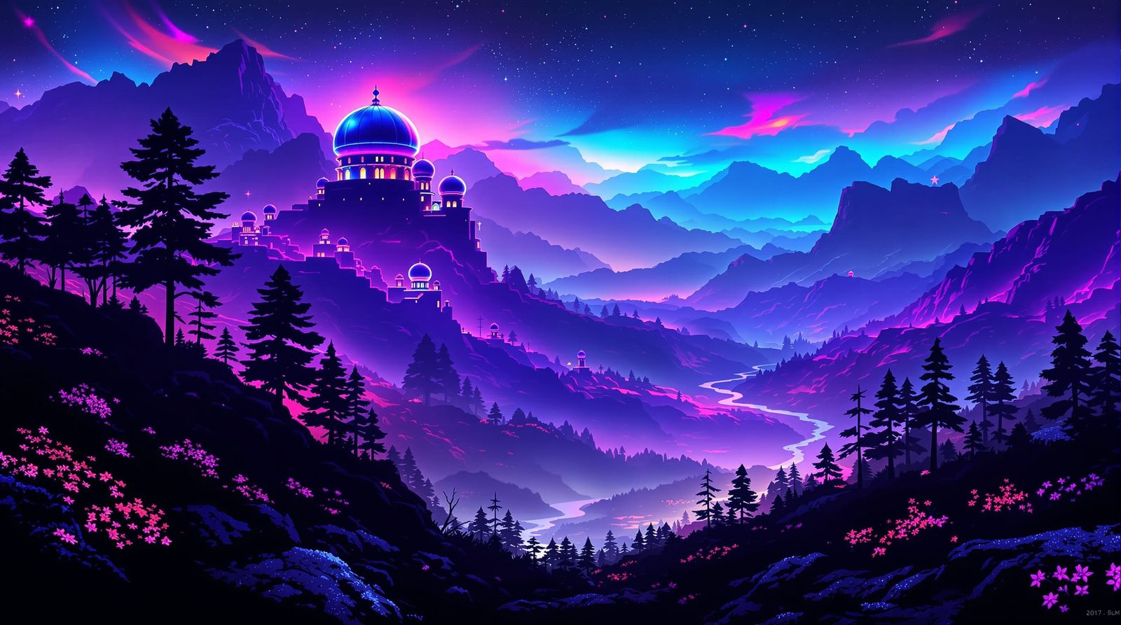 Neon Silhouette Landscape with Metallic Dome Buildings
