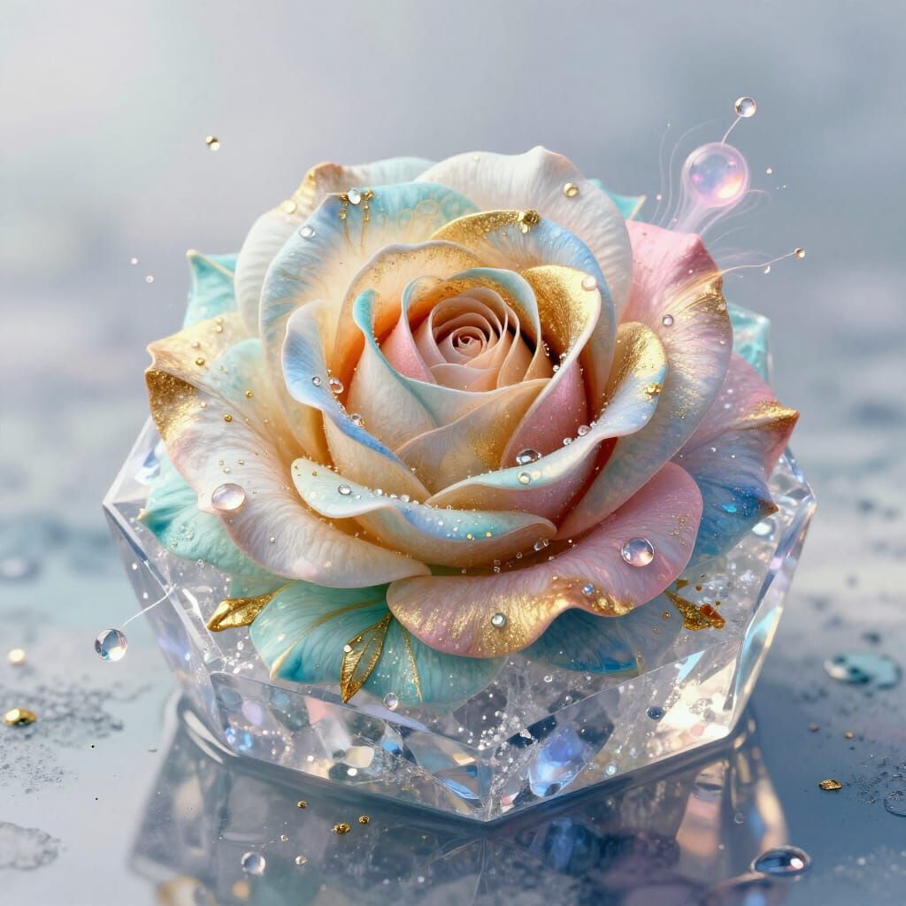 Opulent Wild Rose in Ice Crystal with Gold Accents