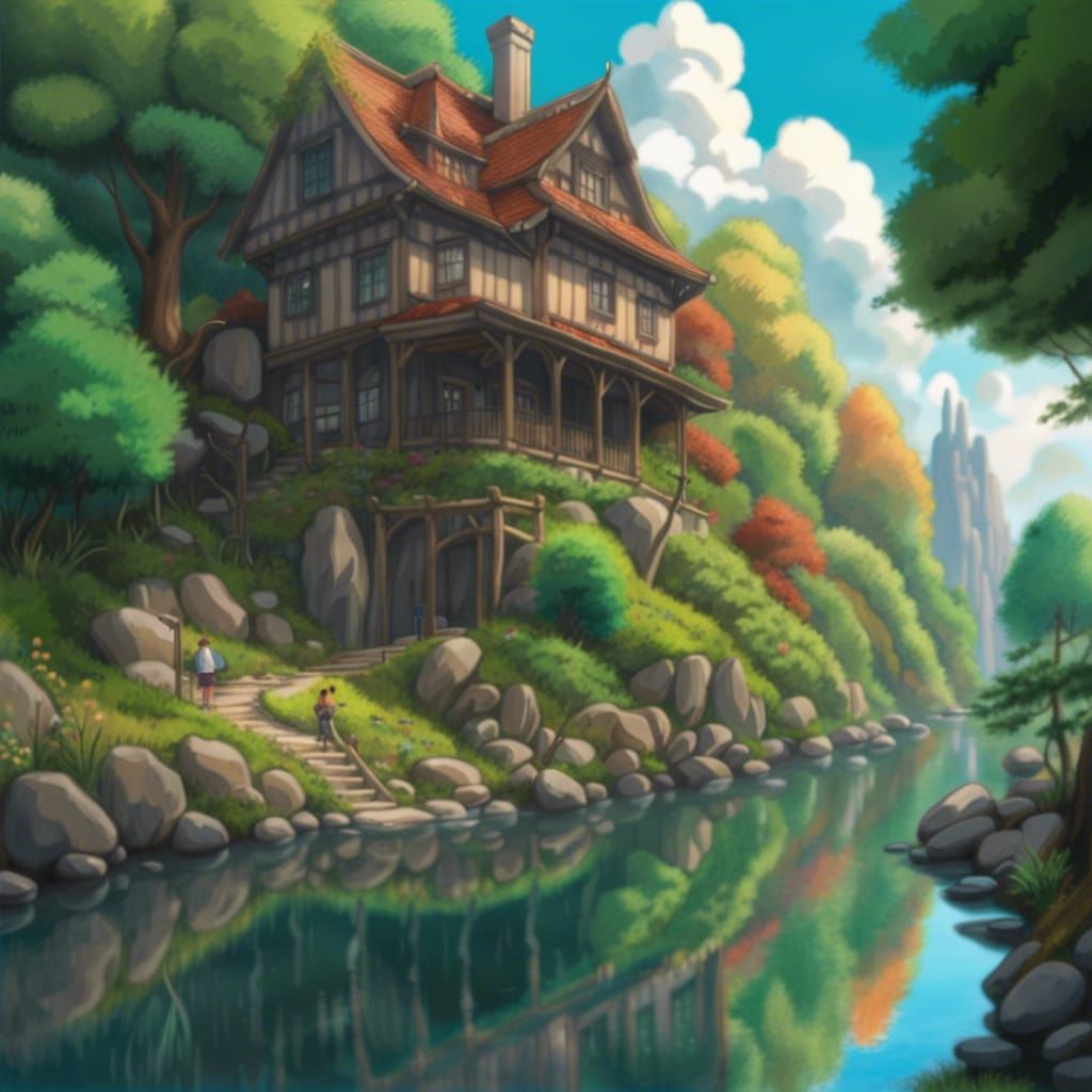 Ghibli-Style House by River in Magical Forest