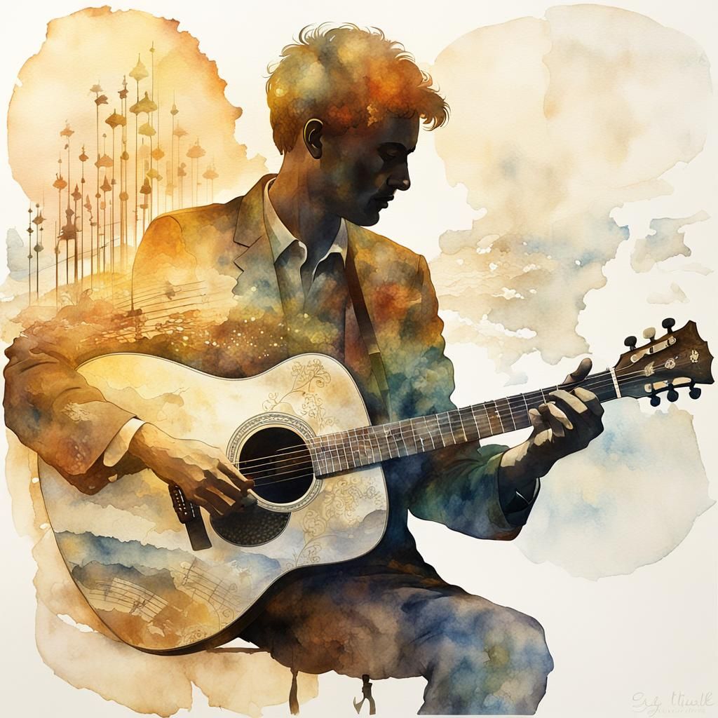 Acoustic Guitar Silhouette in Watercolor Style
