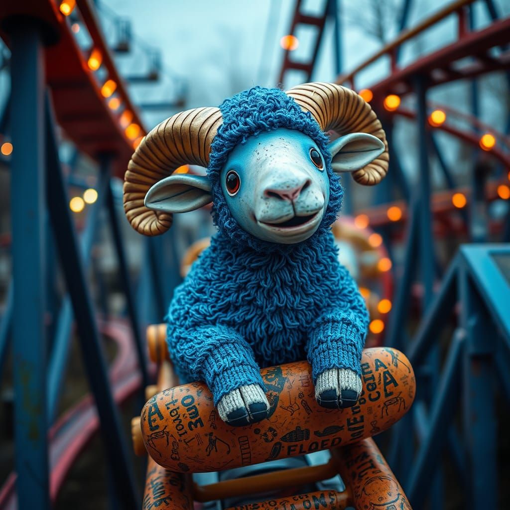 Blue Sheep on Rollercoaster in Massurrealism Style