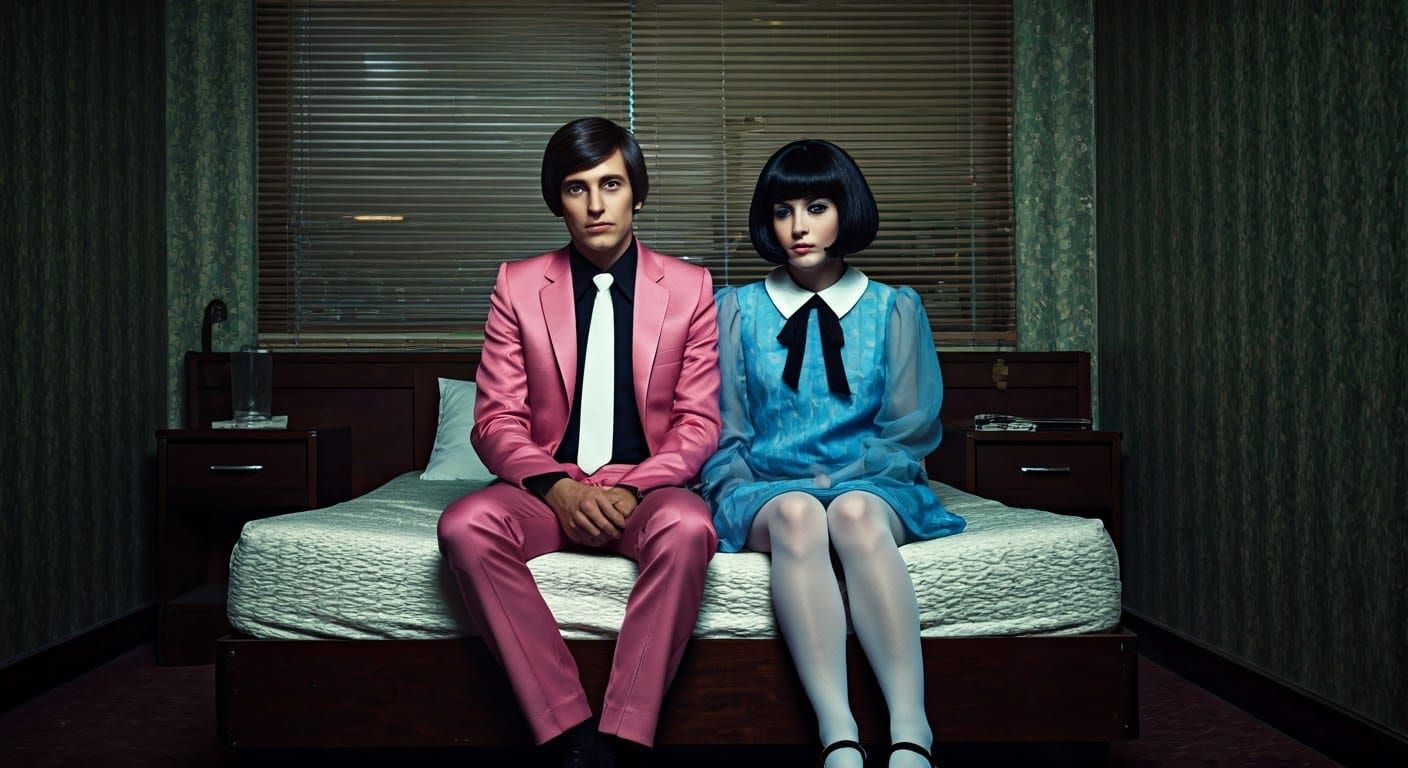 1960s Mod Couple Relaxing in a 16mm Film-Grain Motel Room