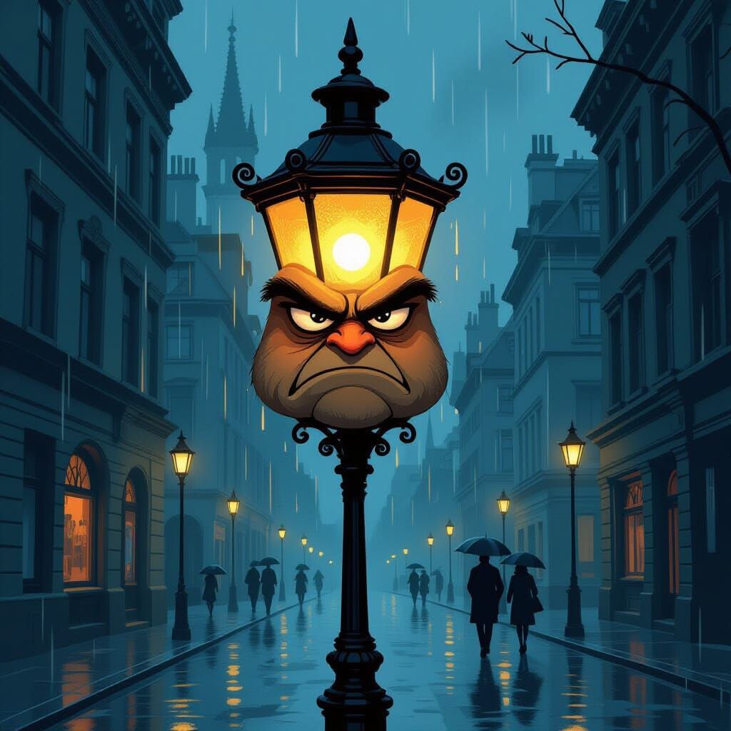 Grumpy Streetlamp Glows in Moody Art Nouveau Cityscape