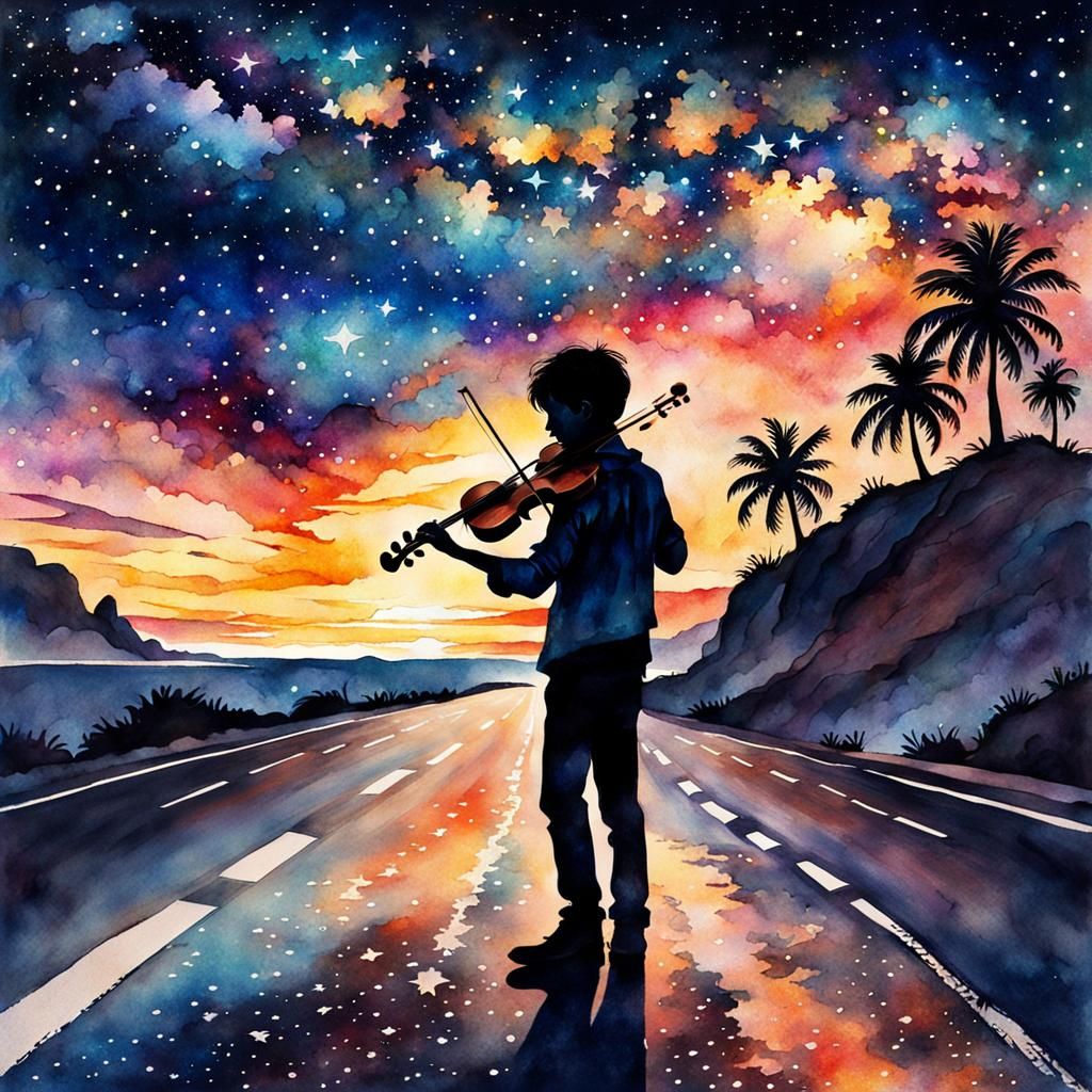 Silhouette of Boy Playing Violin: Watercolor Galaxy Art