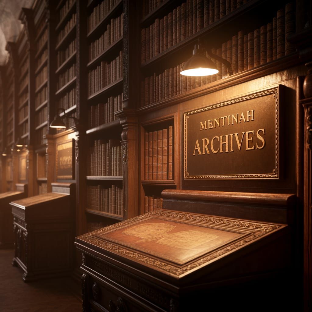Warmly Lit Vintage Library Archives with Golden Plaque