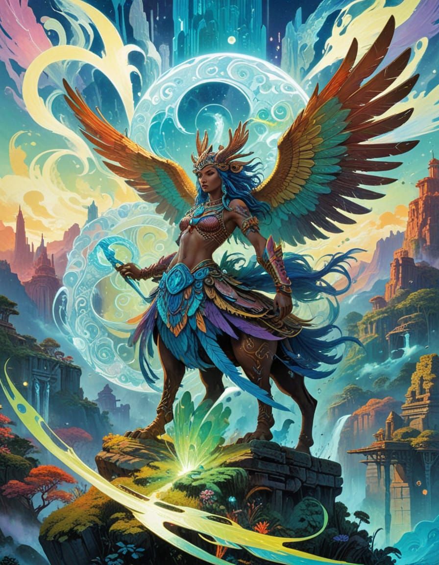 Epic Aztec Shaman Centaur Poster in Vibrant 80s Anime Style