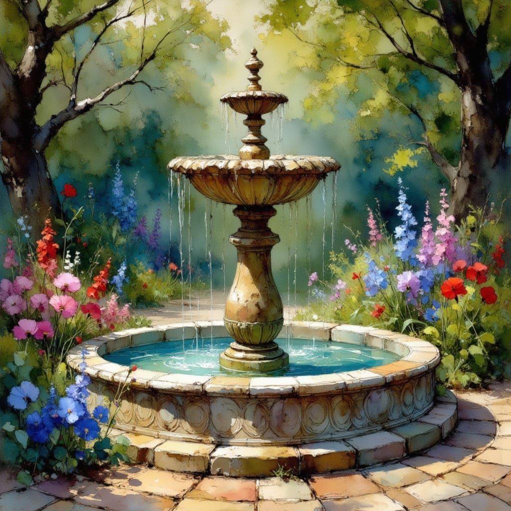 Marble Fountain in Hidden Garden: Impressionistic Charcoal A...