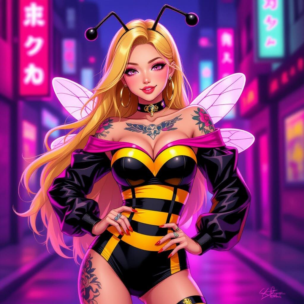 Sassy Neon Bee Lady: Anime Oil Painting