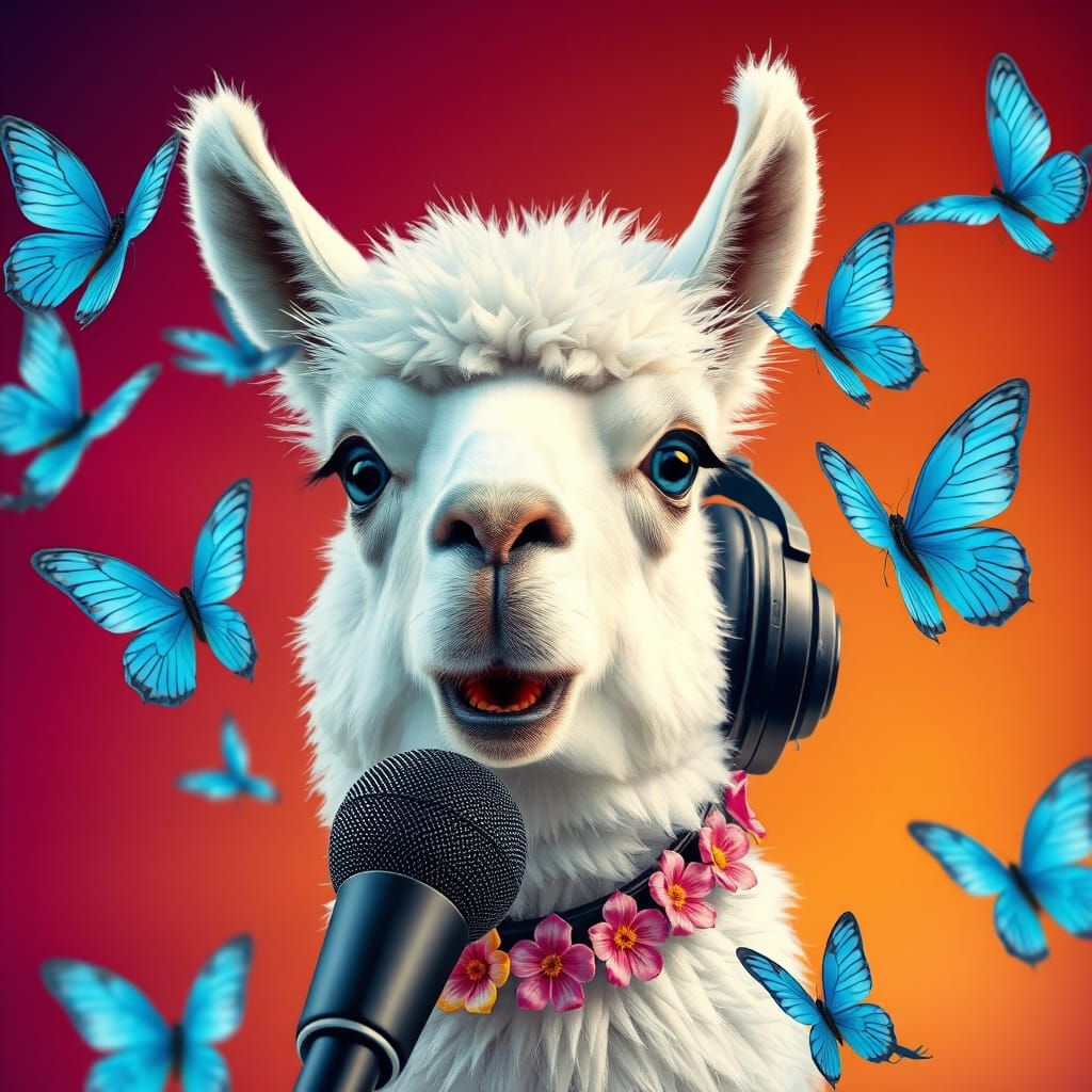 Singing White Llama with Blue Eyes and Butterflies