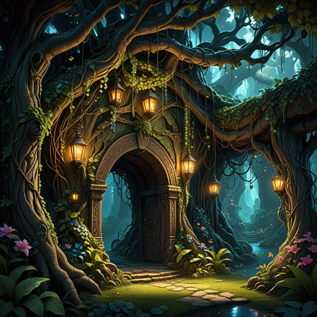 Hidden Tavern in Ancient Tree, Mystical Jungle Digital Art