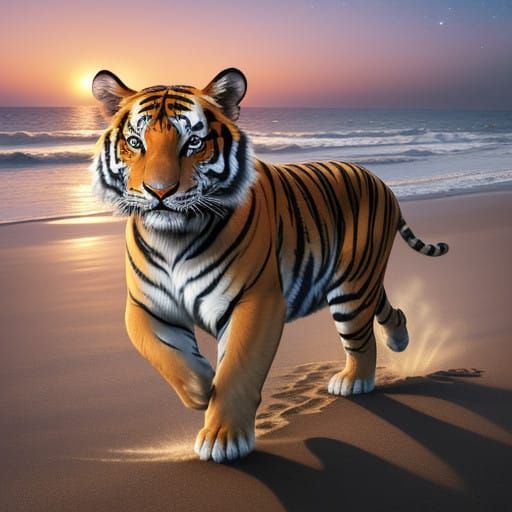 Tigers in Vibrant Astral Cosmic Style on Indian Beach