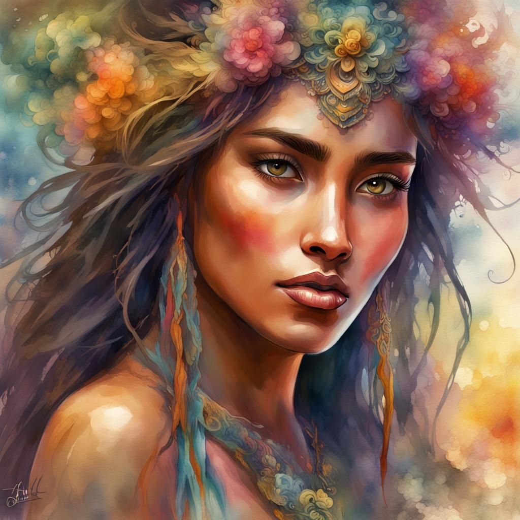 Tahitian Woman Watercolor Portrait in Artstation Style