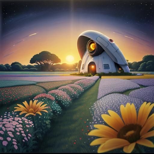 Surreal Ghibli Landscape: Flowers, Cottage, Spaceship, Alien