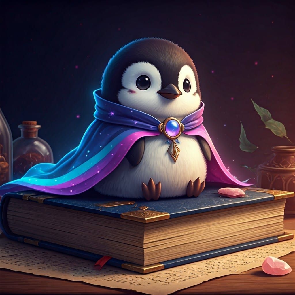 Chibi Penguin Wizard with Magical Book