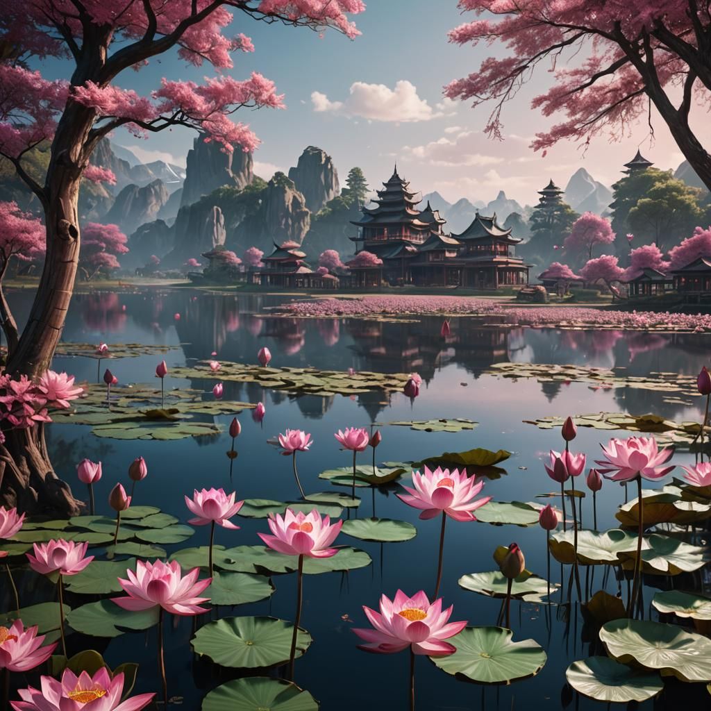 Pink Lotuses on Lake: Detailed Matte Painting