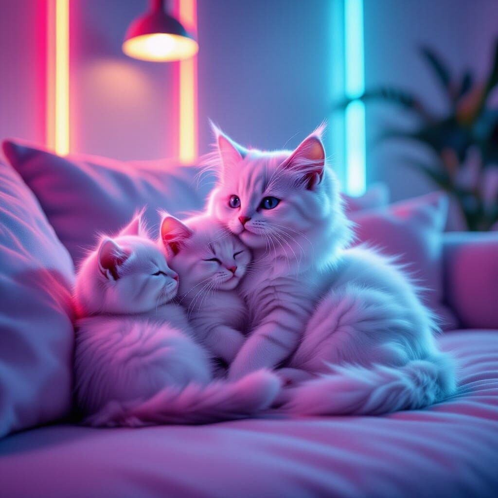 Neon Futuristic Kittens Snuggling with Mother