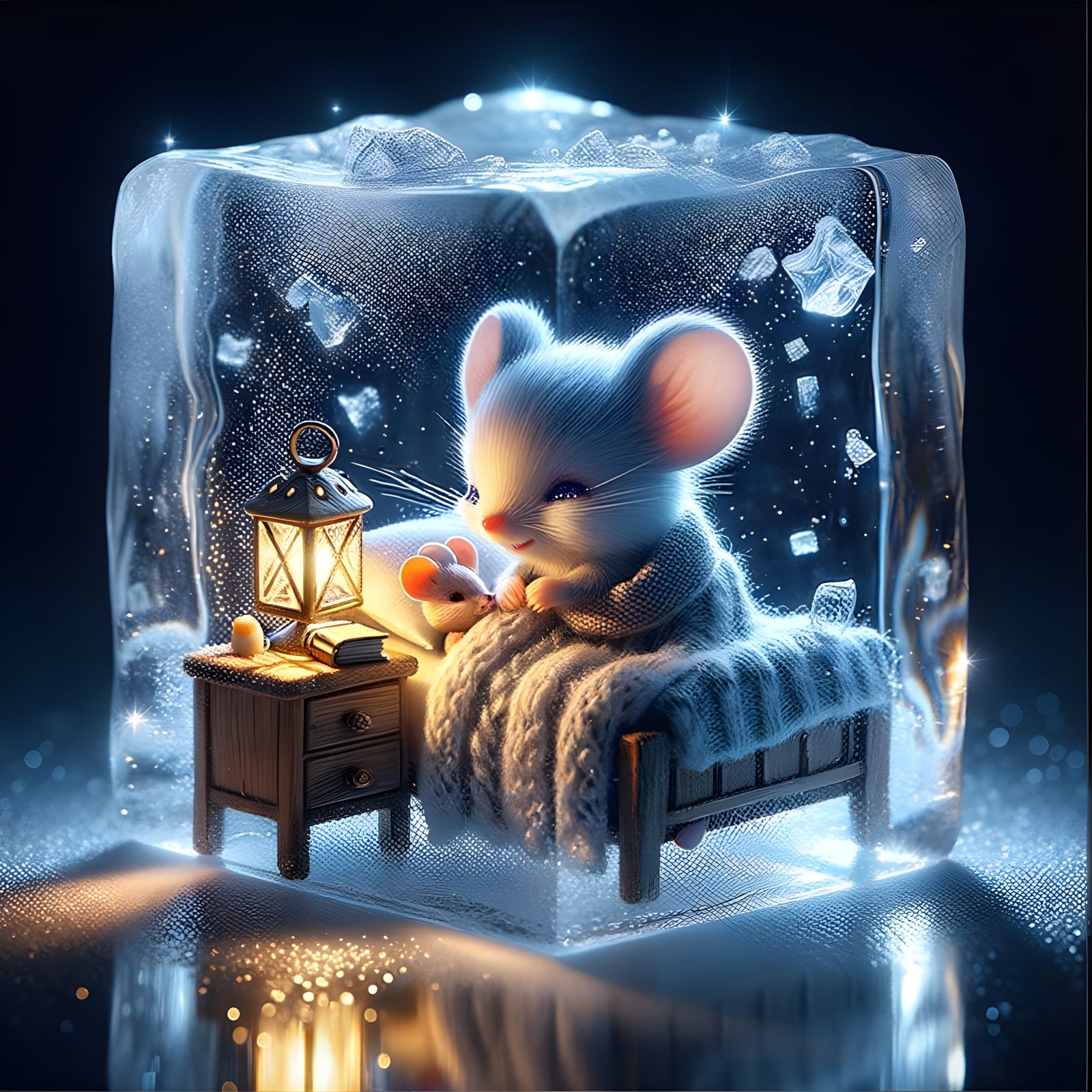 Gentle Mother Mouse Reads to Her Sleeping Cub in a Magical I...