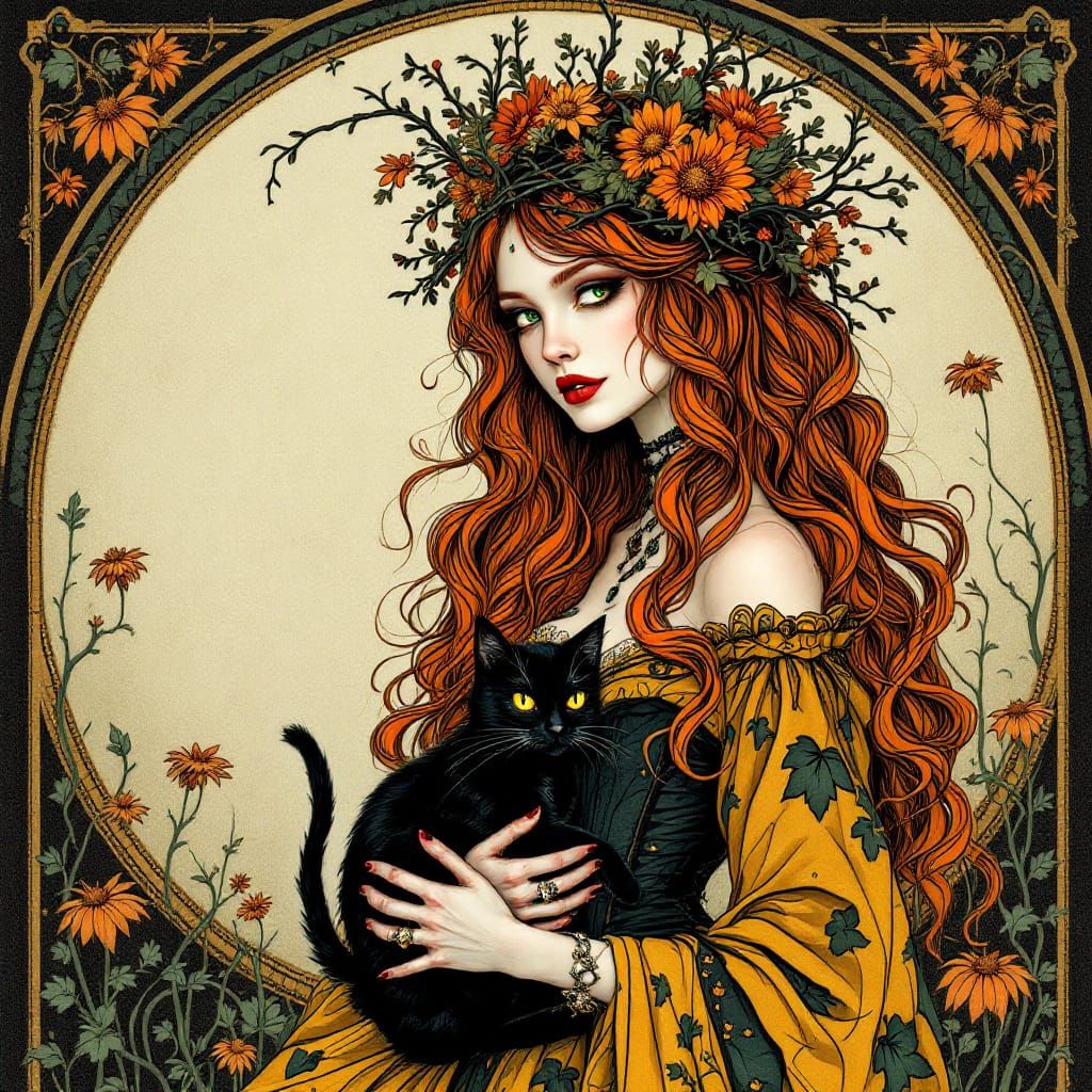 Witchy Woman with Black Cat in Art Nouveau Style