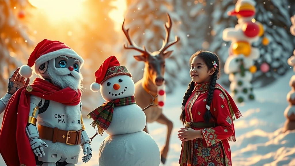 Vibrant Winter Wonderland Scene with AI Robot, Santa and Sno...