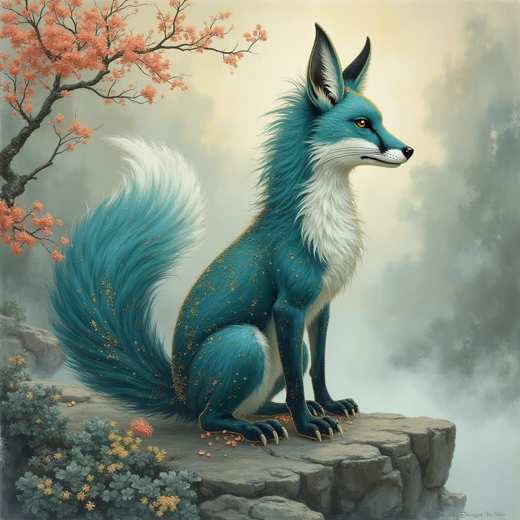 Fox Spirit in Chinese Landscape with Silk Textures