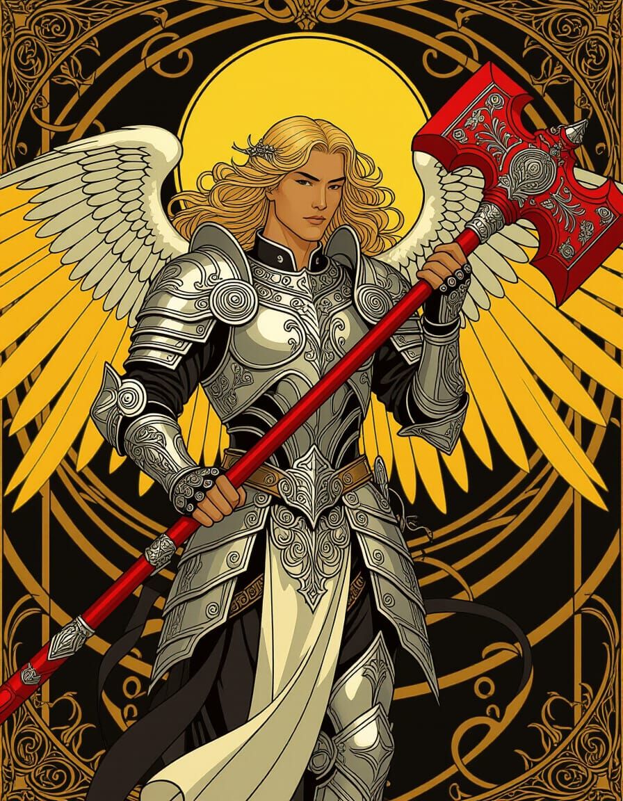 Asian Angel with Warhammer in Art Nouveau Style