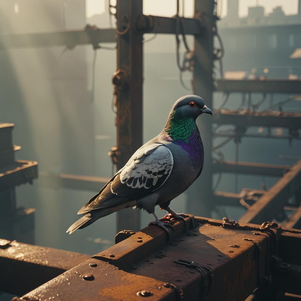 Cybernetic Pigeon Film Still in Golden Light