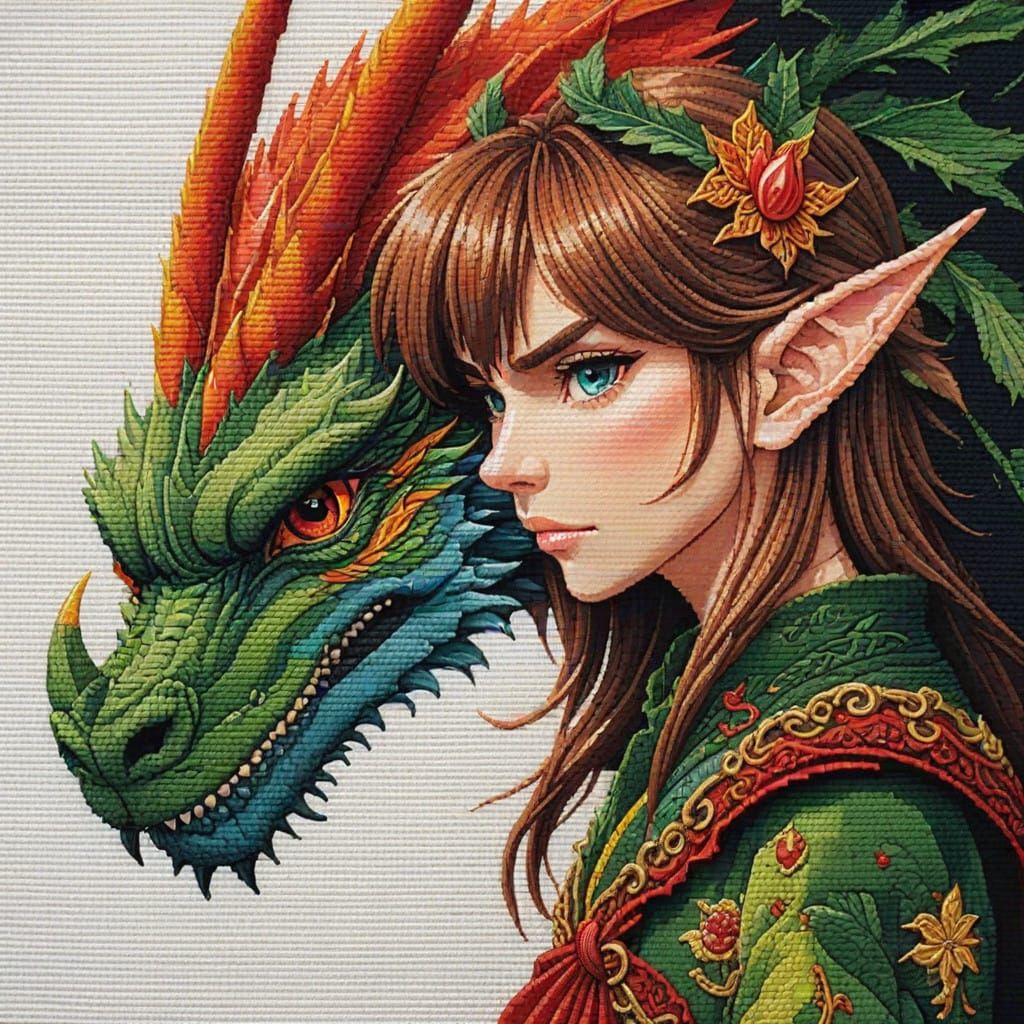 Dragon and Elf Needlepoint Masterpiece in Anime Style
