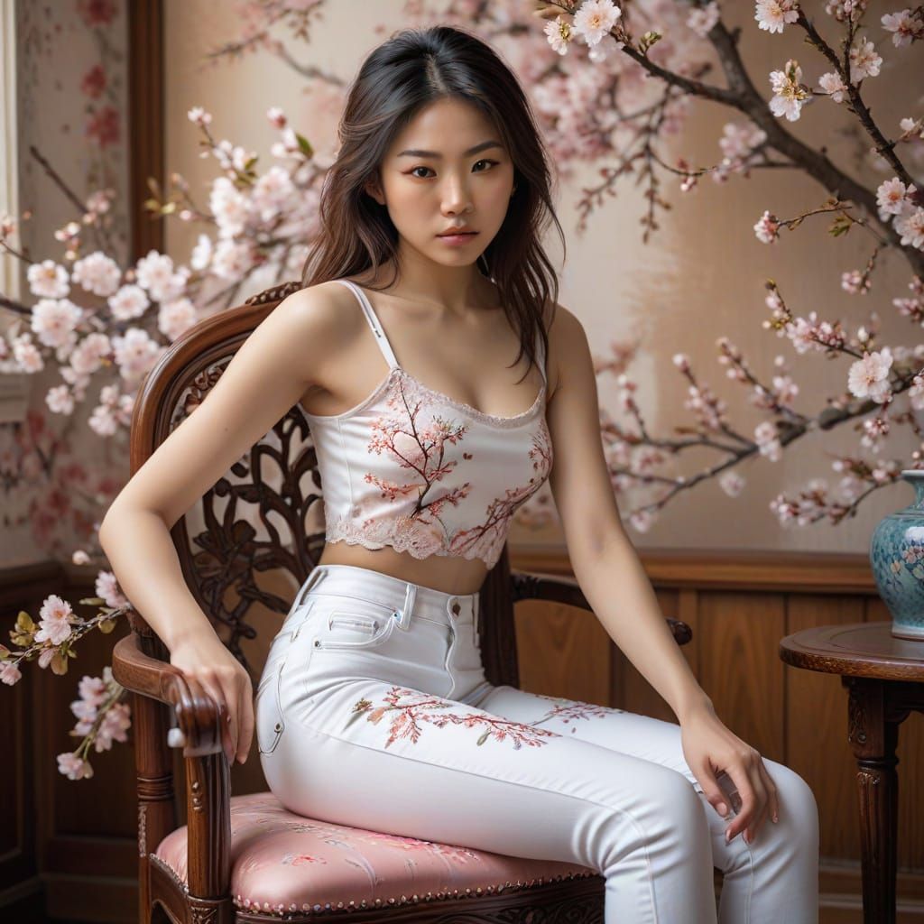 Young Woman in Ornate Chair with Cherry Blossoms