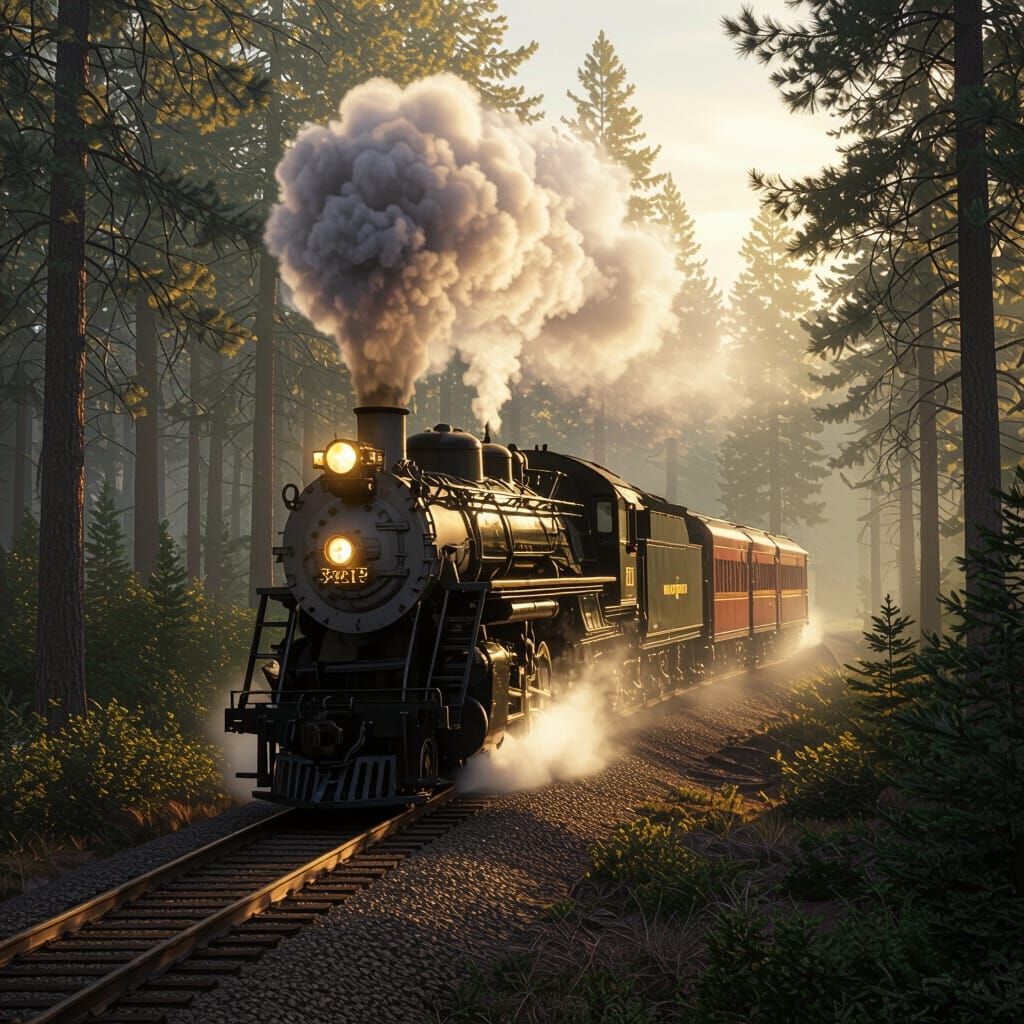 Big Boy 4014 Locomotive in Misty Forest with Sunlight