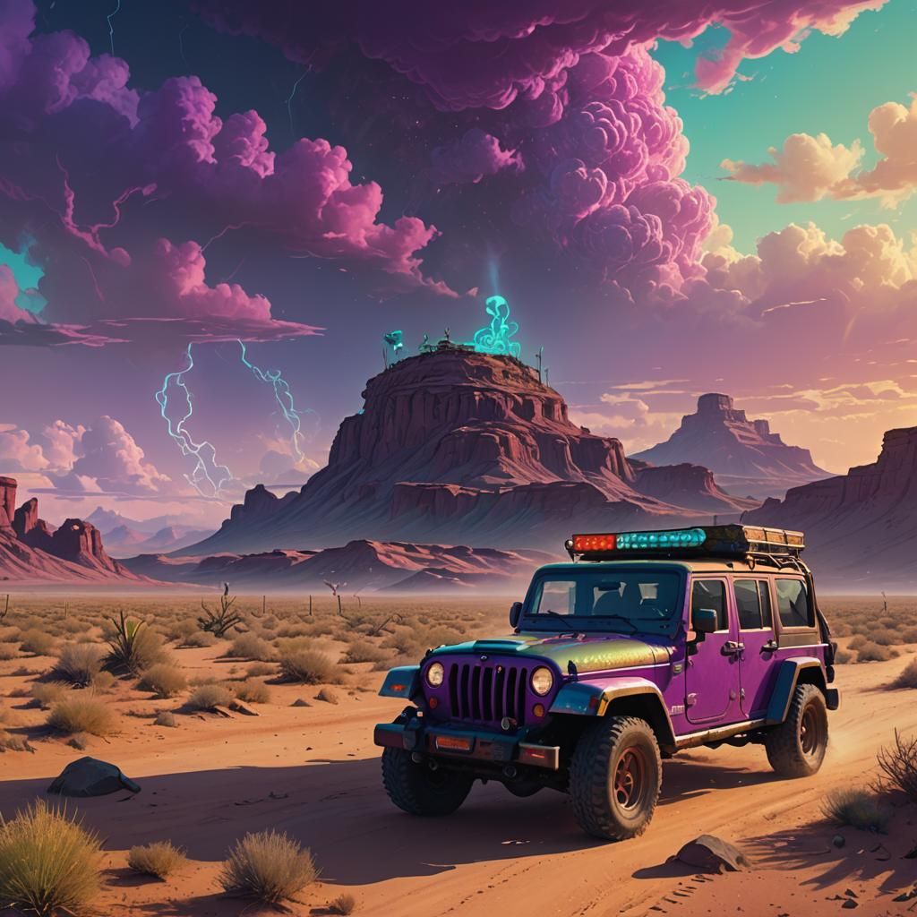 Jeep on Desert Road in Fantastical Digital Painting