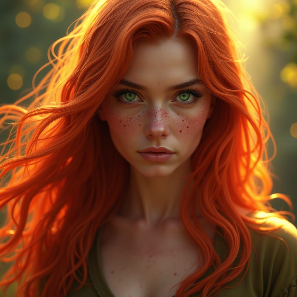 Vibrant Red-Haired Woman Basks in Golden Light