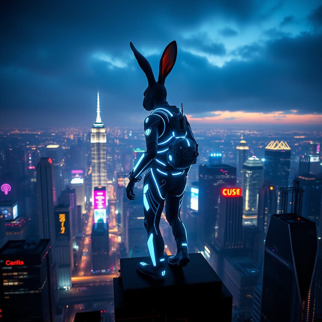 Cyber Rabbit Dominates Cyberpunk Cityscape in Neon-Lit Glory