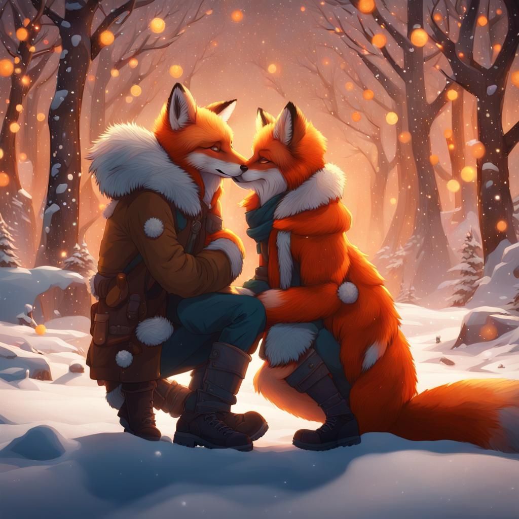 Fox People Kissing in Winter Wonderland, Art Nouveau Style