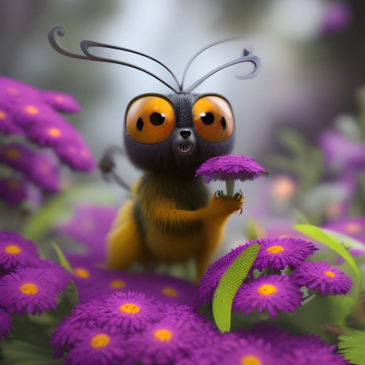 Smiling Baby Bumblebee on Flower, 3D Render