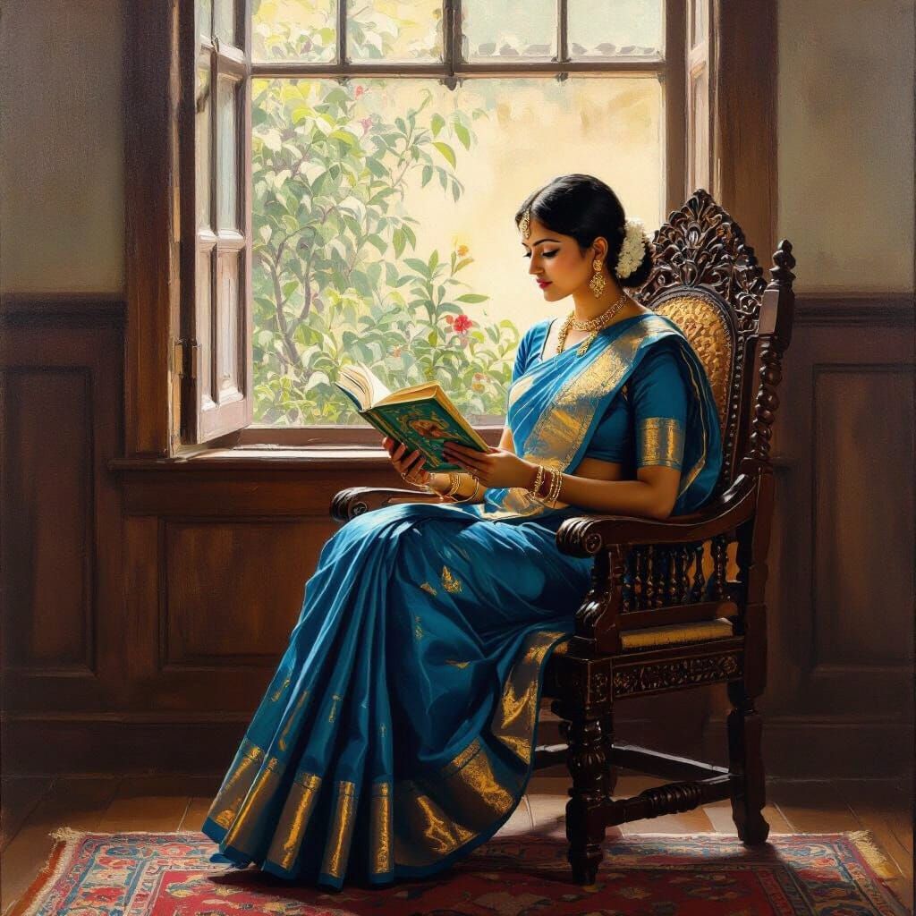 Indian Woman in Saree Reading, in Classical Painting Style