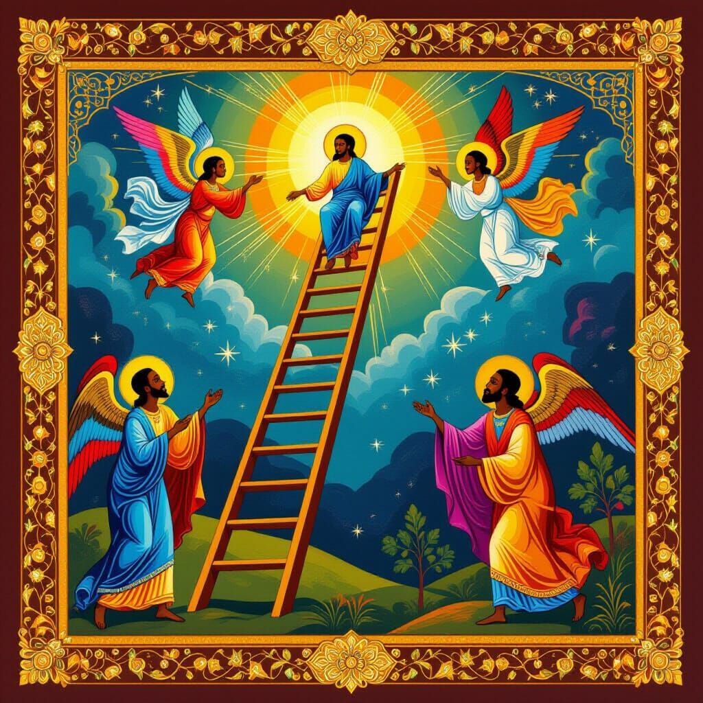 Jacob's Dream: Angels Ascend in Ethiopian Icon Art Style