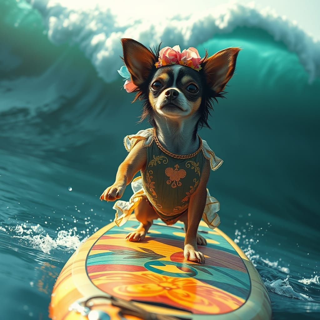 Chihuahua Rides Ocean SUP Board in Futuristic Style
