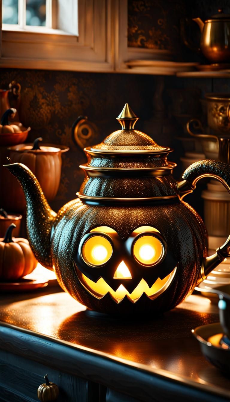 Spooky Adorable Teapot Monster in Vintage Kitchen