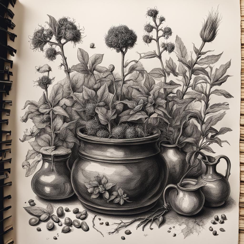Botanical Herbs in Detailed Ink and Charcoal Drawing