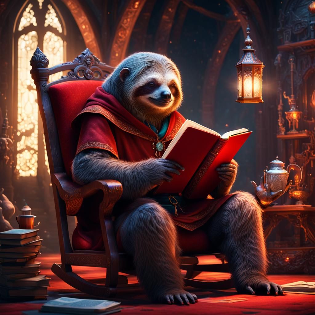 Just a wise old sloth, sitting in his red chair reading his ...
