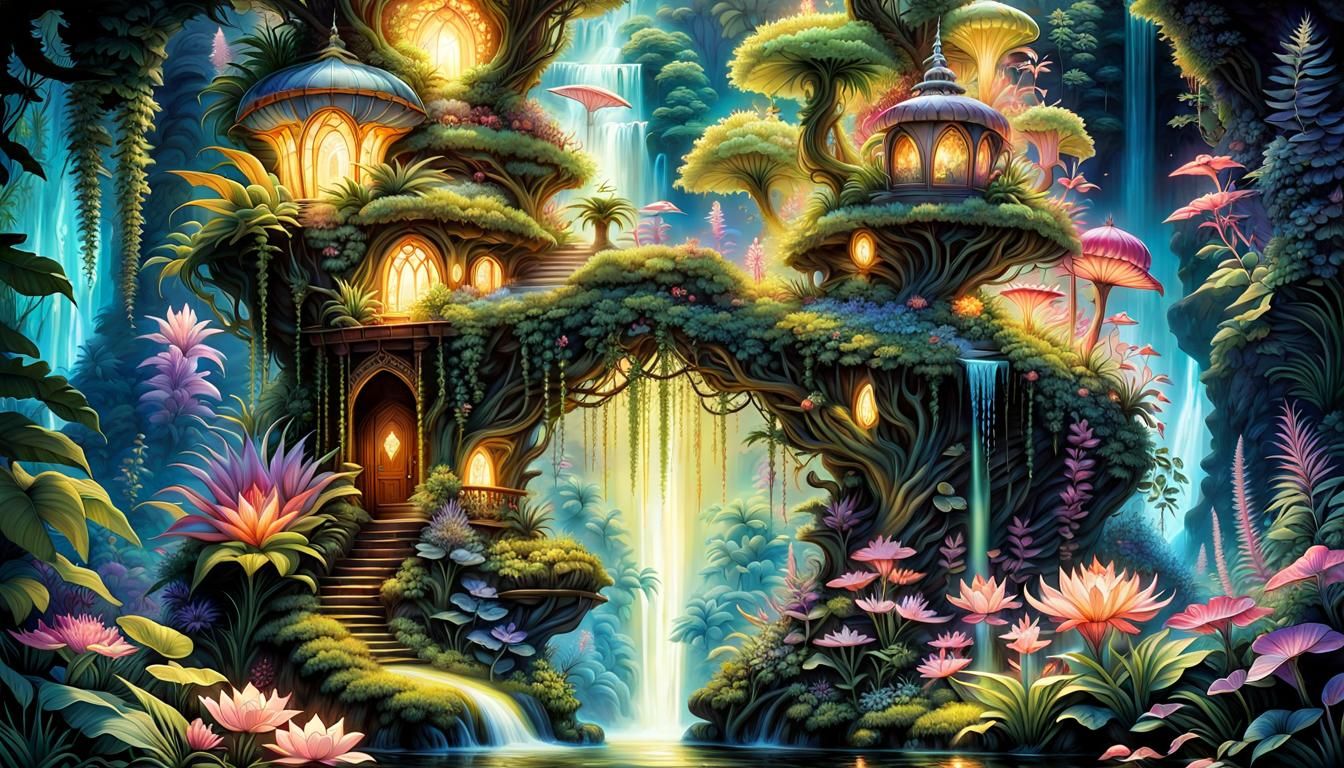 Alien Garden Waterfall with Luminescent Fairies
