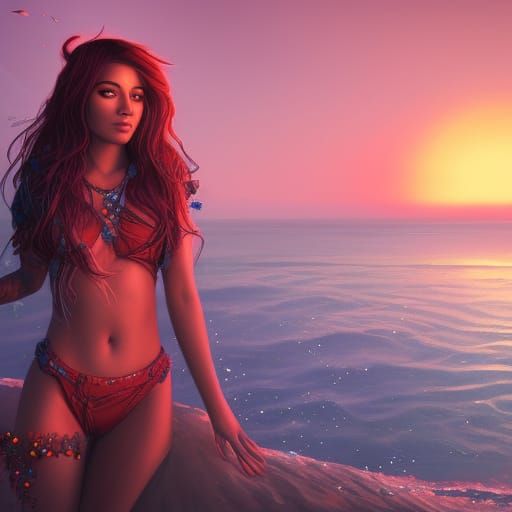 Pretty Girl at Sunset Beach: Detailed Fantasy Art