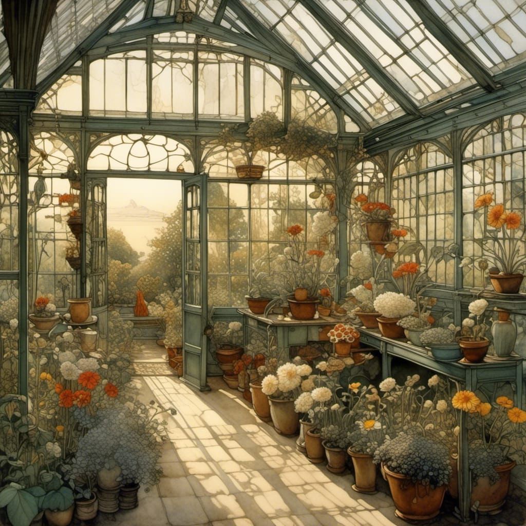 Ornate Greenhouse Scene in Detailed Art Style