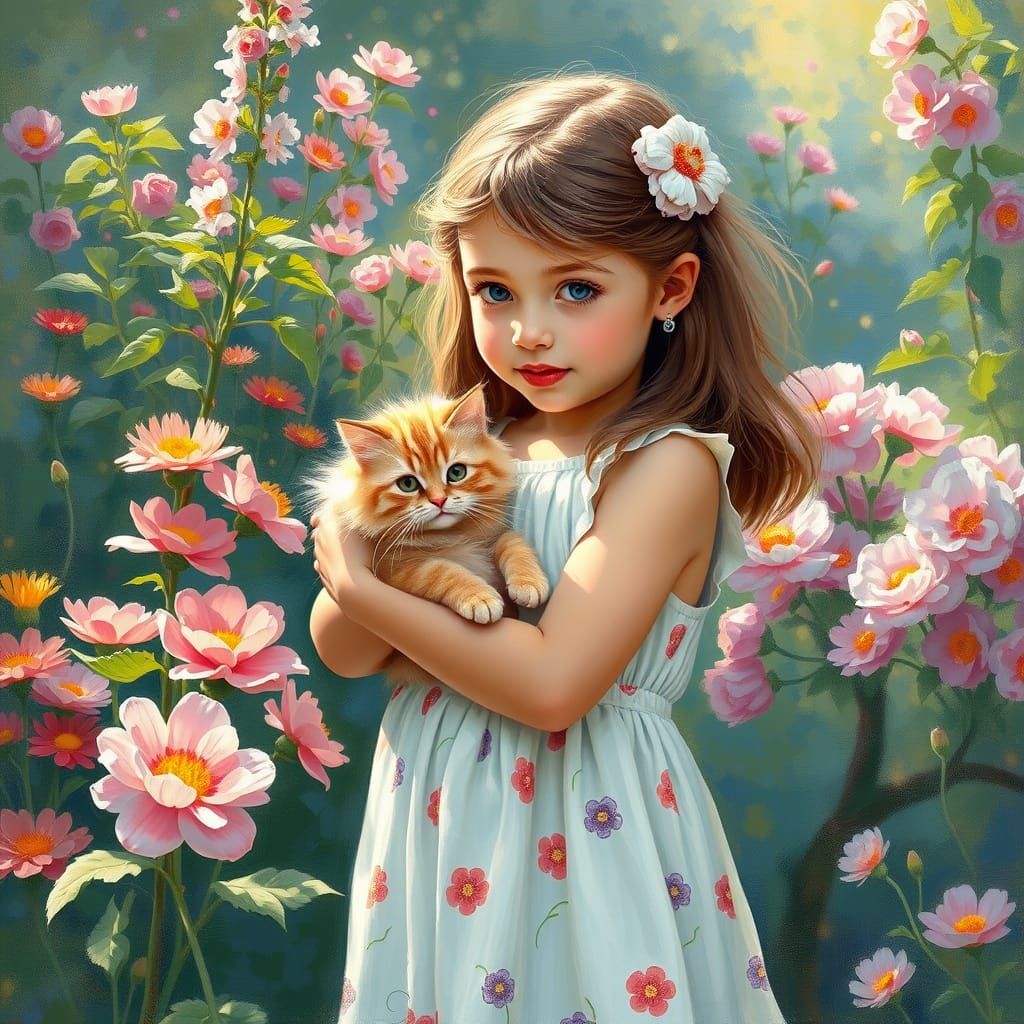Young Girl in an Impressionist Garden with Cat