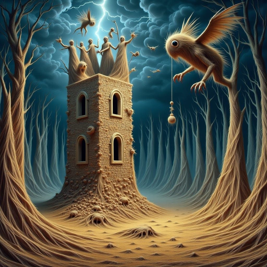 Surreal Dragon Flies Around Ruined Tower in Tarot Style