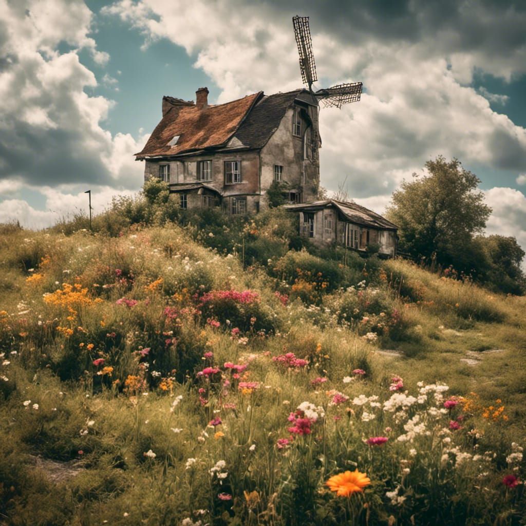 Farmhouse on Hill in Antique Watercolor Style