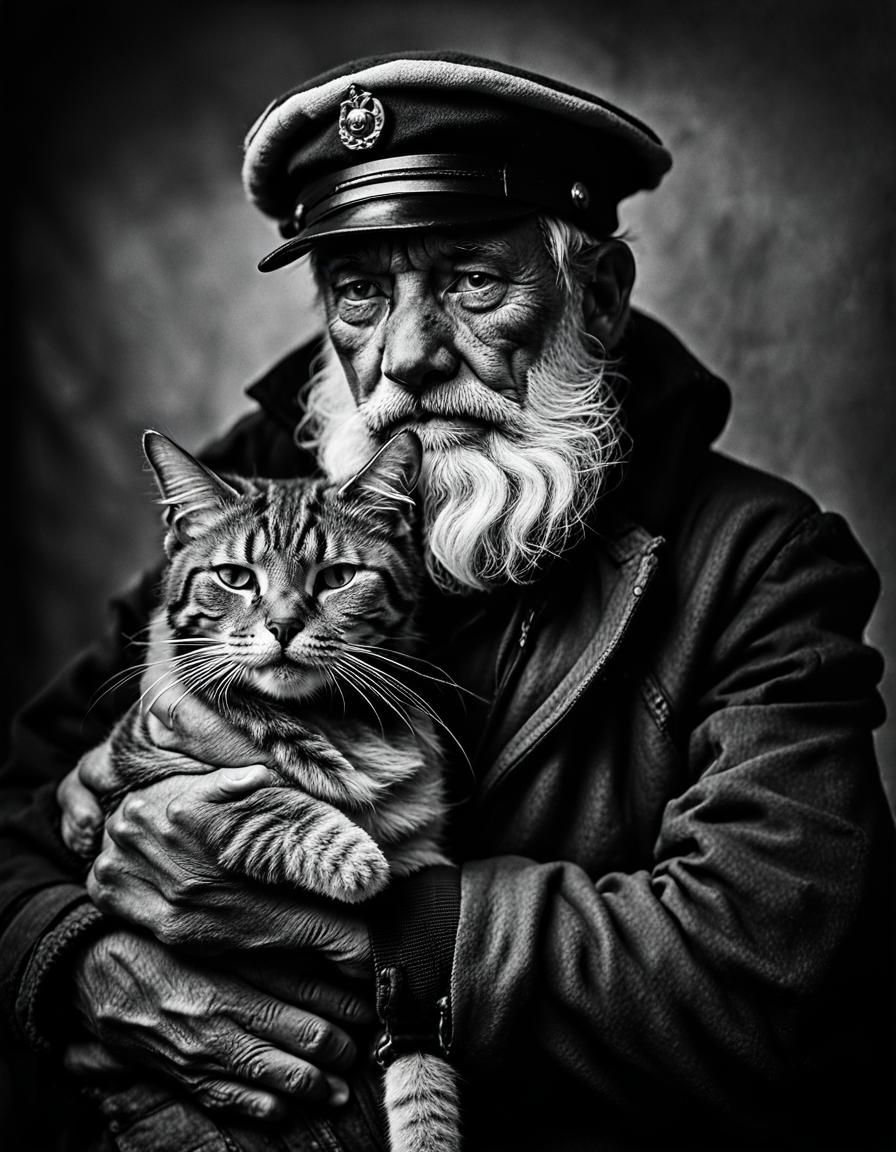 Weathered Sailor Portrait with Sleeping Cat