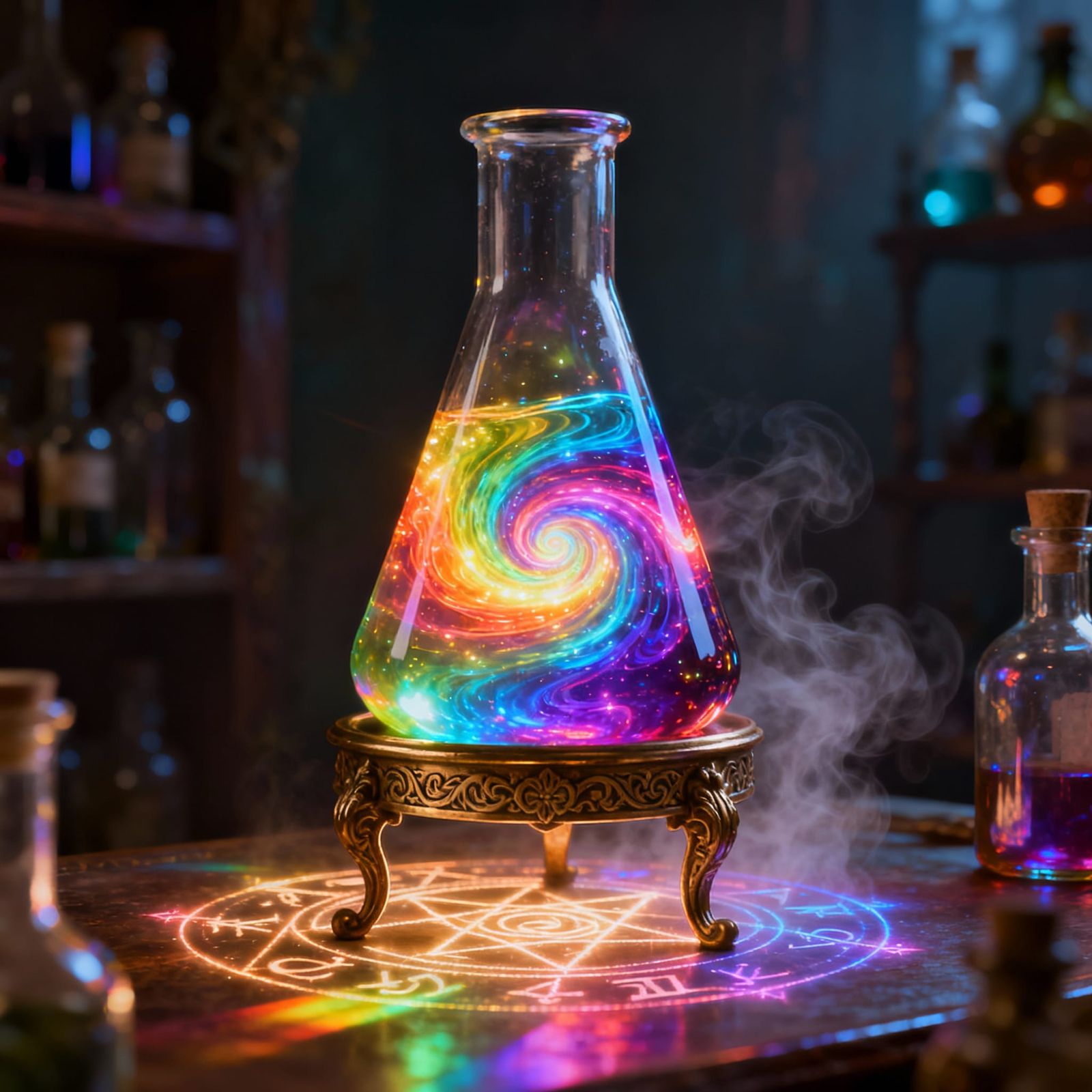 Magical Serum Flask with Glowing Vortexes and Rainbow Light